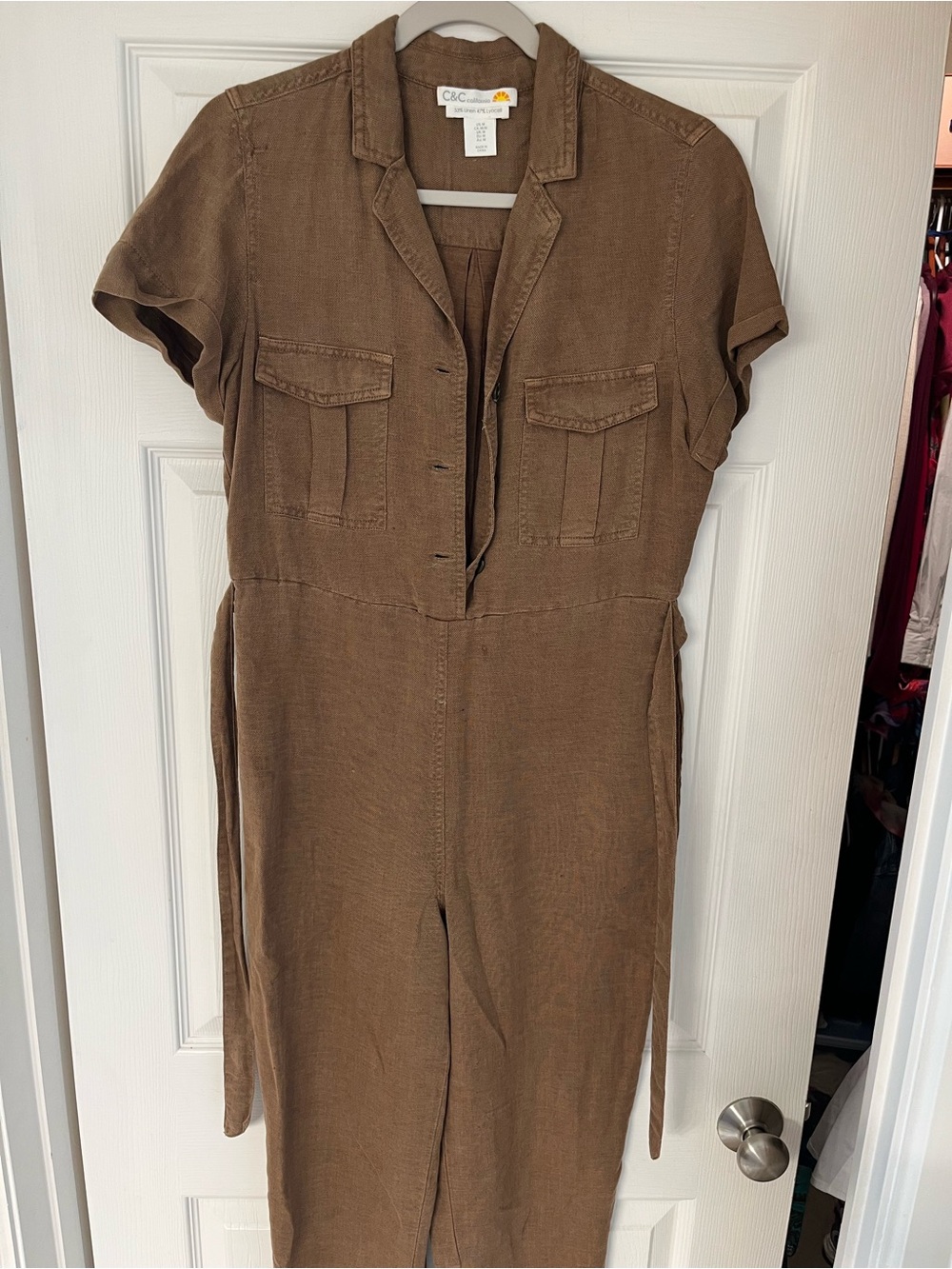 C&C California Tan-Brown Utility Jumpsuit with Short Sleeves